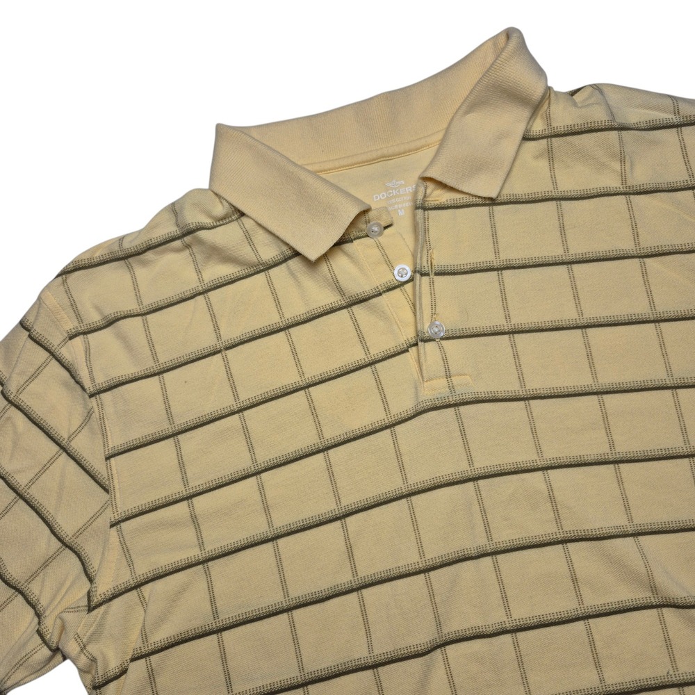 Dockers Golf Shirt Mens Medium Yellow Grid Stripe Cotton Short Sleeve